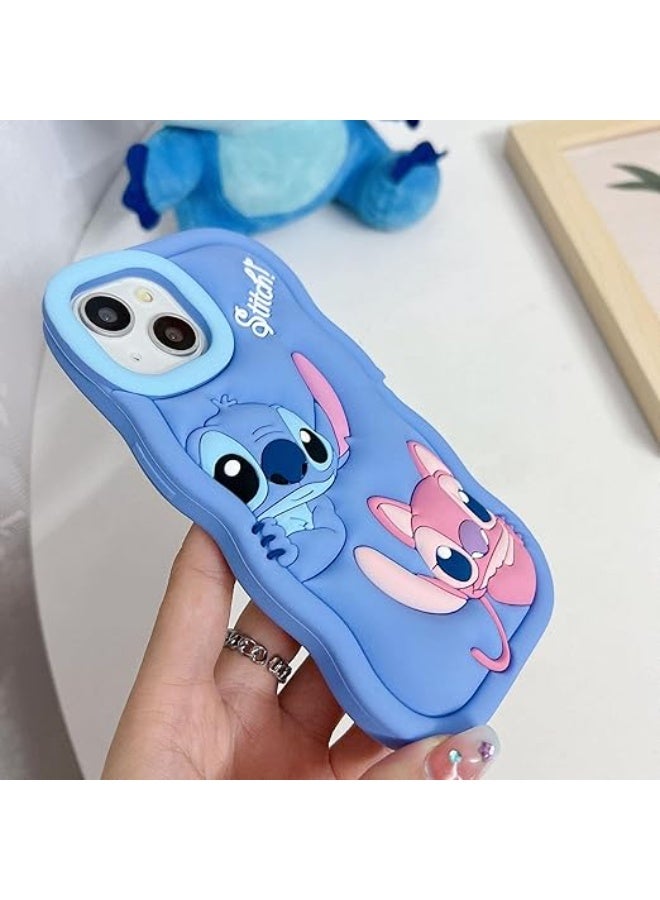 ستيتش حافظة سيليكون ناعمة ثلاثية الأبعاد لشخصية  لهاتف iPhone 16 Pro Max مع حامل، حماية كاملة للجسم، غطاء مانع للانزلاق – أزرق - Image 2